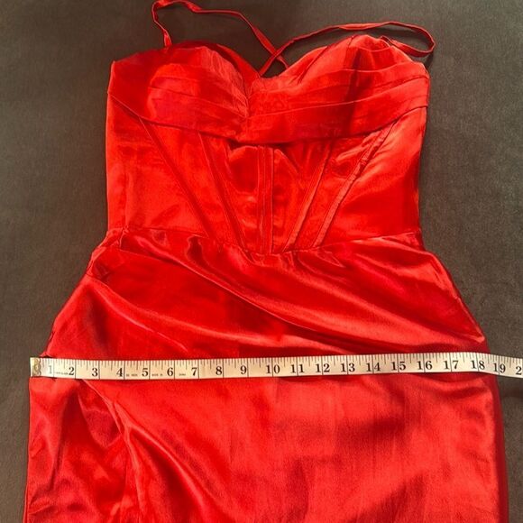 Red Satin Full Length Prom Party Formal Dress CrissCross Straps Leg Slit Size 8 - Picture 10 of 14